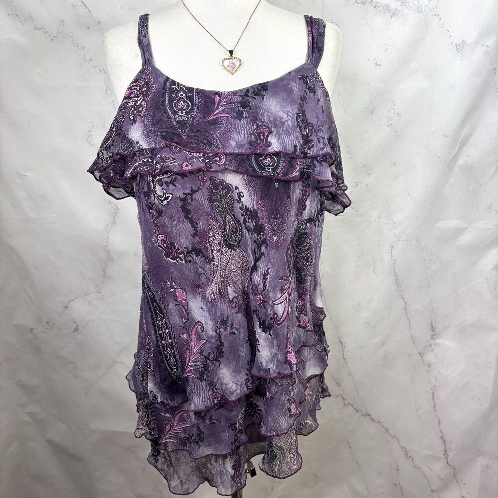Vtg Y2k Silk Tiered Cami Blouse Asymmetrical Paisley Whimsigoth Fairy XL Purple - Picture 13 of 16